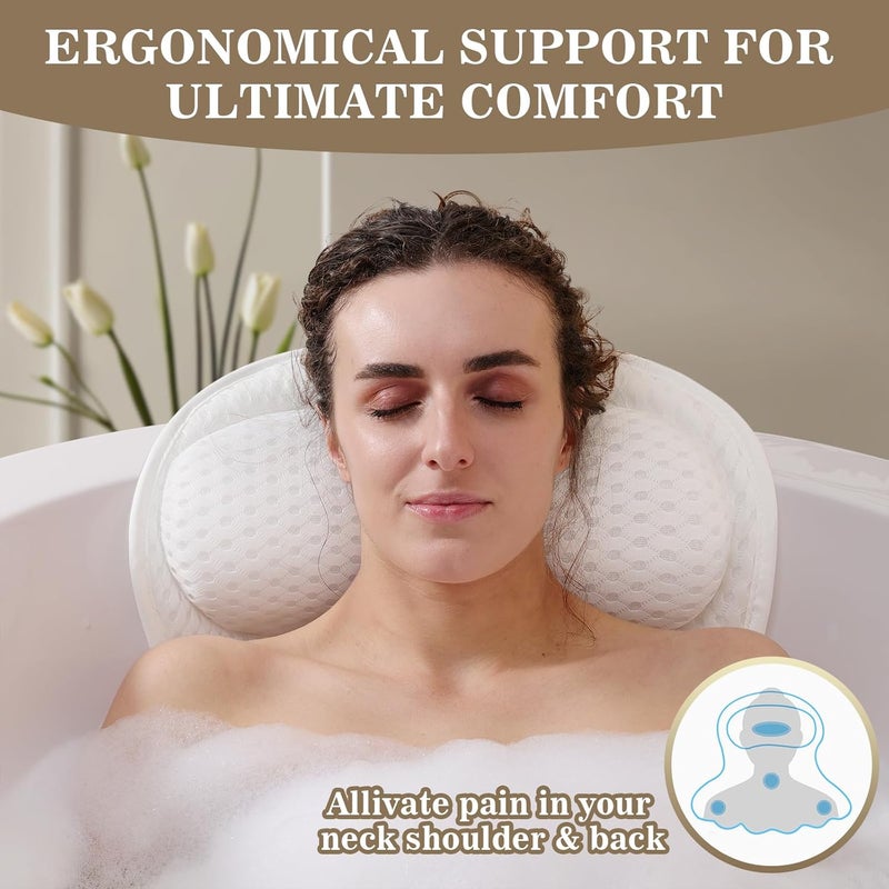Binobella Bath Pillow Luxury Bathtub Pillow, Extra Soft & Comfortable Bath Pillows for Tub Head Neck and Back Support, with 4D Air Mesh Cushions & Non-Slip Suction Cups - Bath Accessories Spa Gifts for Women - Image 2